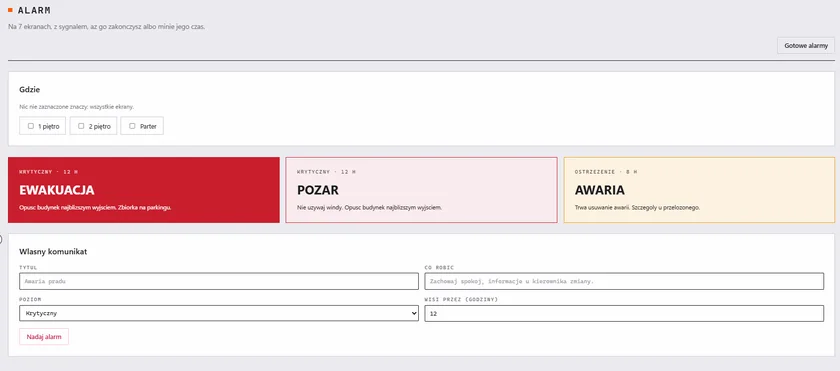 The form for sending an alert to the screens, with ready-made messages.