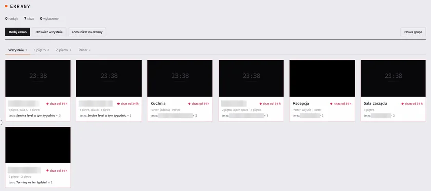 The list of screens with a preview and the status of each. Some names blurred.