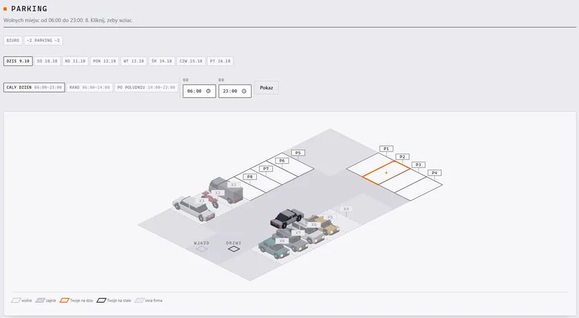 An isometric map of the car park with marked spaces and a choice of day and hours.